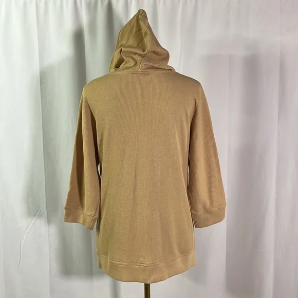 Jones New York Camel Tan Waffle Knit Thermal 3/4 Sleeve Hooded Pullover - Picture 3 of 16